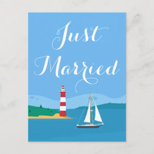 Blue Just Married Lighthouse & Sailboat Wedding Announcement Postcard