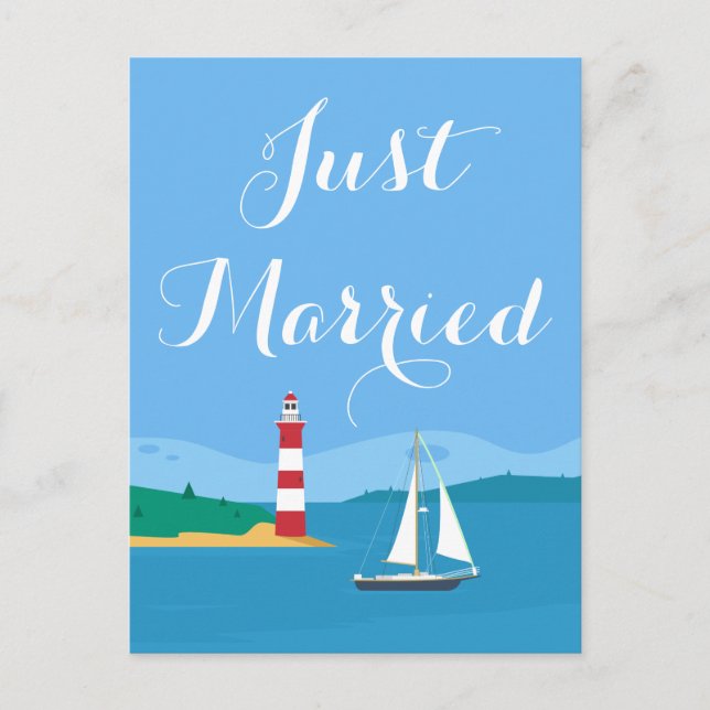 Blue Just Married Lighthouse & Sailboat Wedding Announcement Postcard (Front)