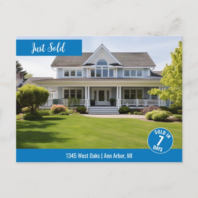 Blue Just Sold Real Estate Marketing Logo Postcard (Front)