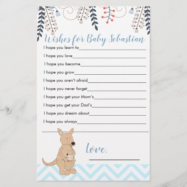 Blue Kangaroo Boho Boy Baby Shower Wishes for Baby (Front)