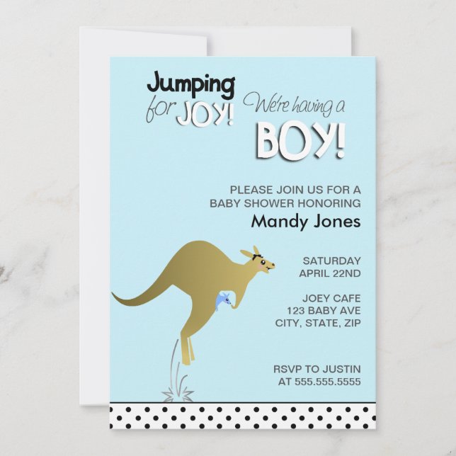 Blue Kangaroo Jumping for Joy Boy baby shower Invitation (Front)