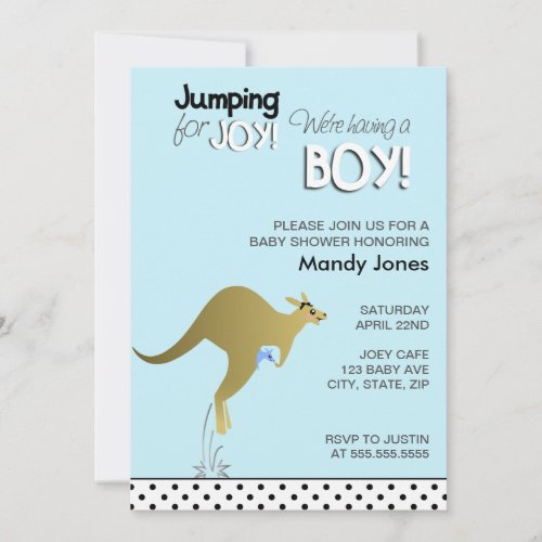 Blue Kangaroo Jumping for Joy Boy baby shower Invitation