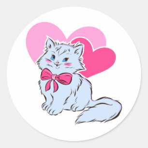 Blue Kawaii Cat With Pink Bow & Hearts Classic Round Sticker