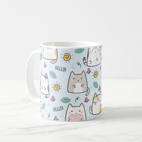 Blue Kawaii Cute Cats Hello Pattern Coffee Mug