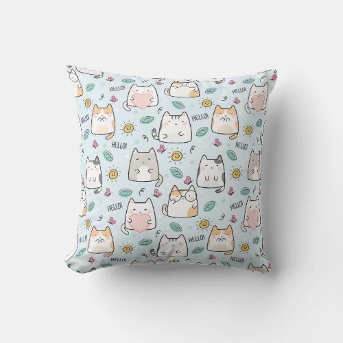 Blue Kawaii Cute Cats Hello Pattern Throw Pillow