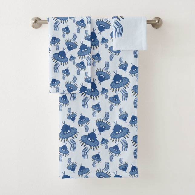 Blue Kawaii Octopus UFO Bath Towel Set (Insitu)