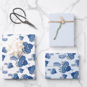Blue Kawaii Octopus UFO Wrapping Paper Sheets