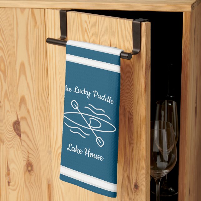 Blue Kayak Monogram Name Lake house Kitchen Towel (Thirds Fold)