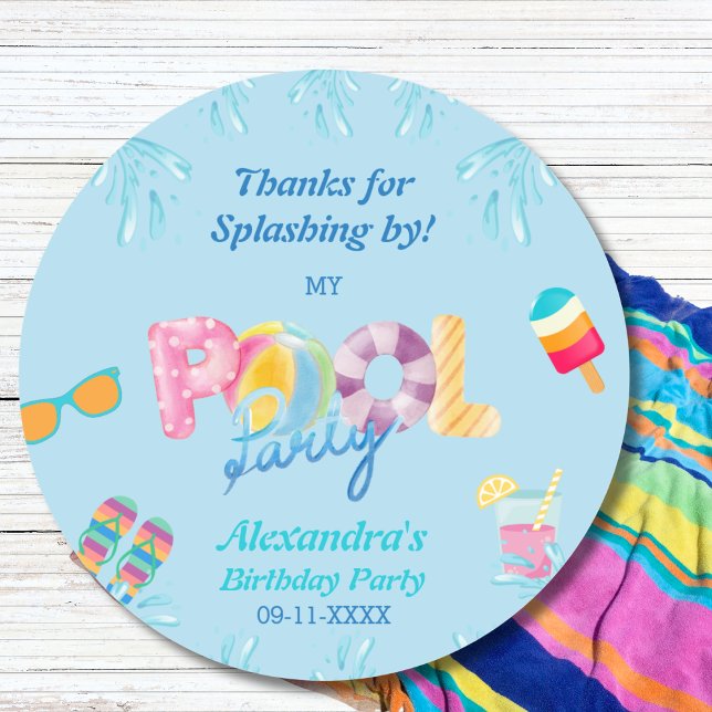 Blue Kids Birthday Pool Party Favor Thank You Classic Round Sticker (Creator Uploaded)