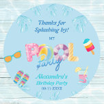 Blue Kids Birthday Pool Party Favor Thank You Classic Round Sticker<br><div class="desc">Personalize this Cool Blue Pool Party Thank You Sticker and add a Splish Splash touch to your precious child's party favors. The colorful flip flops, sunglasses, inviting cold drink and delicious popsicle, against a turquoise blue background, are a perfect way to say thank you to friends and family for attending...</div>