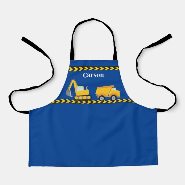 Blue Kids Construction Vehicle Custom Boys Apron (Front)