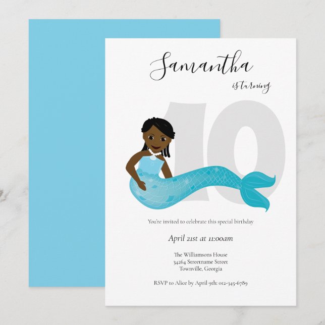 Blue Kids Mermaid Birthday Invitation (Front/Back)