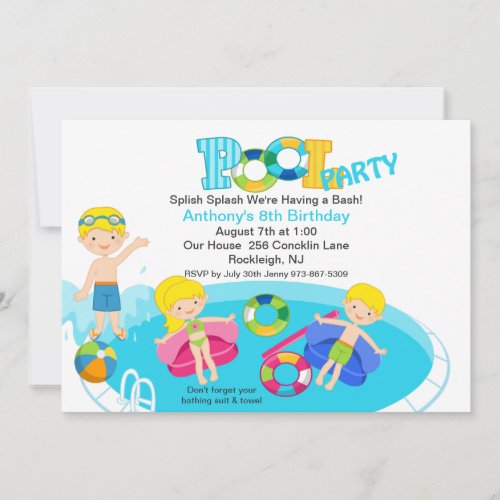 Blue Kids Pool Party Birthday Invitation