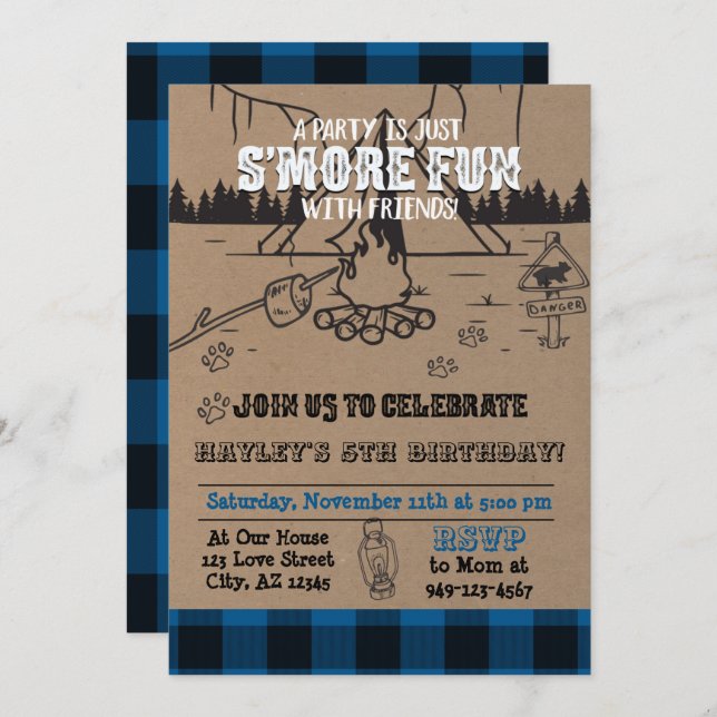 Blue Kids S'more fun with friends camp fire plaid Invitation (Front/Back)