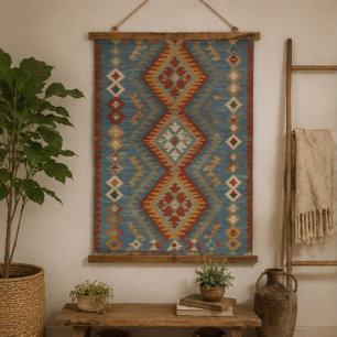 Blue Kilim Southwestern Rust, Sage & Cream Geometr Hanging Tapestry