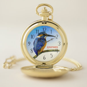 Blue Kingfisher Watercolor Wildlife Bird Pocket Watch