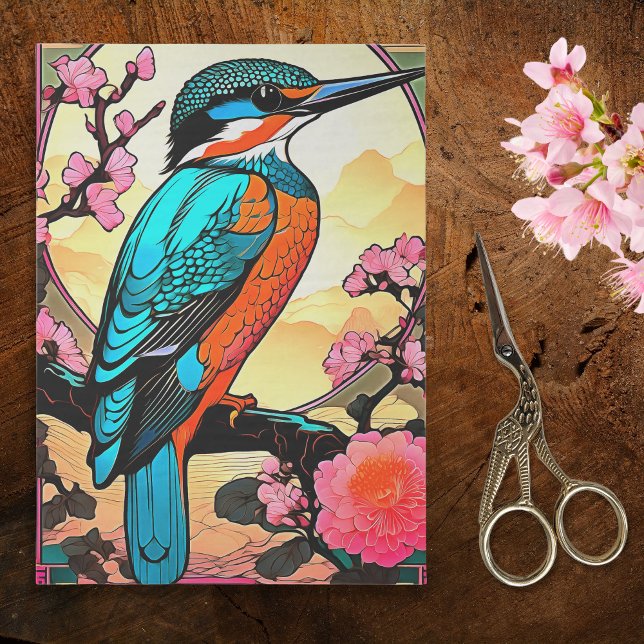 Blue Kingfisher with Pink Mums and Cherry Blossoms Tissue Paper (Creator Uploaded)