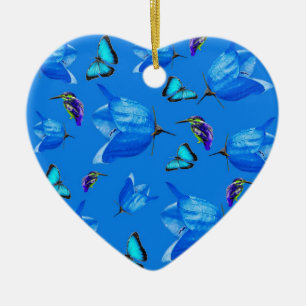 Blue Kingfishers Butterflies And Bell Flowers, Ceramic Ornament