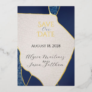 Blue Kintsugi Inspired Foil Save the Date Invitation
