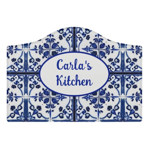 Blue Kitchen Tile with Your Text Vintage Look Door Sign