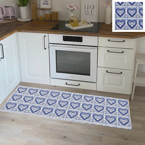 Blue Kitchen Tiles _ Hand_Painted Style Hearts Runner