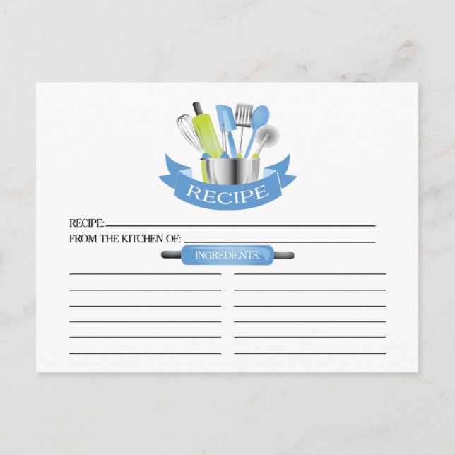 Blue Kitchen Tools Bridal Shower Recipe Cards (Front)