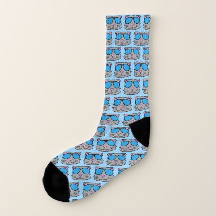 Blue Kitty Cat Doodle Face Socks