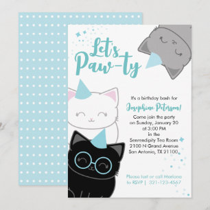 Blue Kitty Cat Fun Birthday Party Evite or Print Invitation