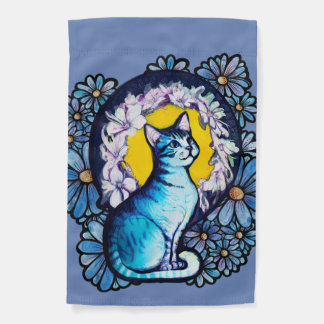 Blue Kitty Cat Halo Mucha Style Floral Garden Flag