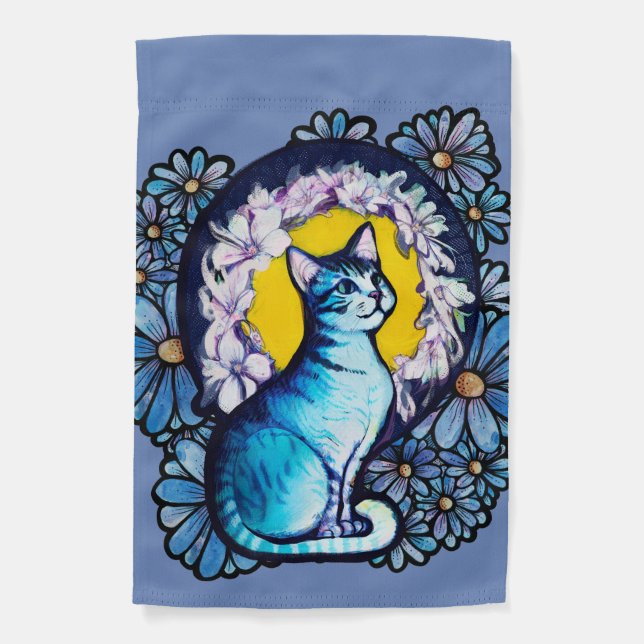 Blue Kitty Cat Halo Mucha Style Floral             Garden Flag (Front)