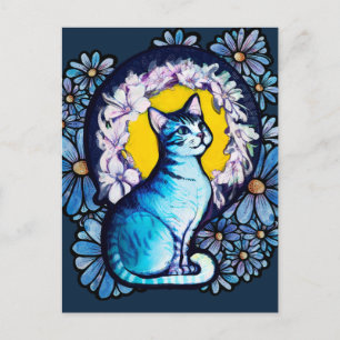 Blue Kitty Cat Halo Mucha Style Floral Postcard