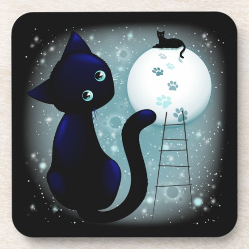 Blue Kitty Dream on the Moon Beverage Coaster