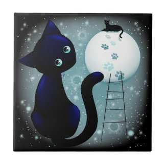 Blue Kitty Dream on the Moon Ceramic Tile