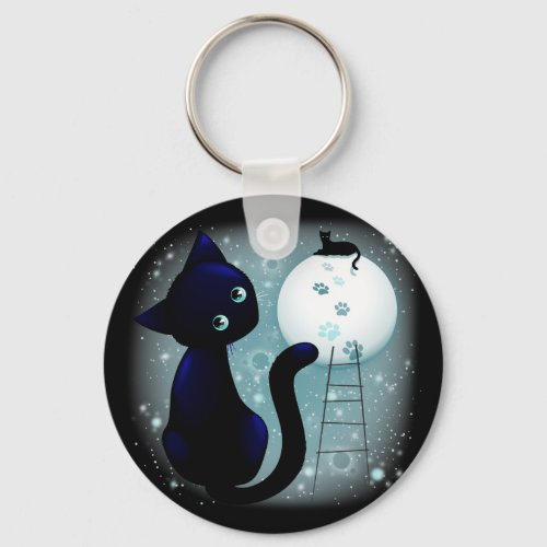 Blue Kitty Dream on the Moon Keychain