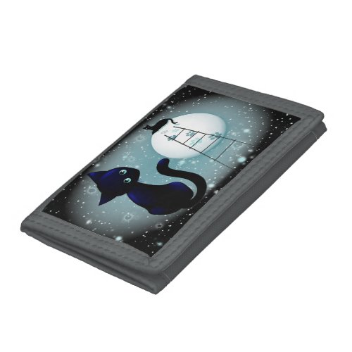 Blue Kitty Dream on the Moon Trifold Wallet