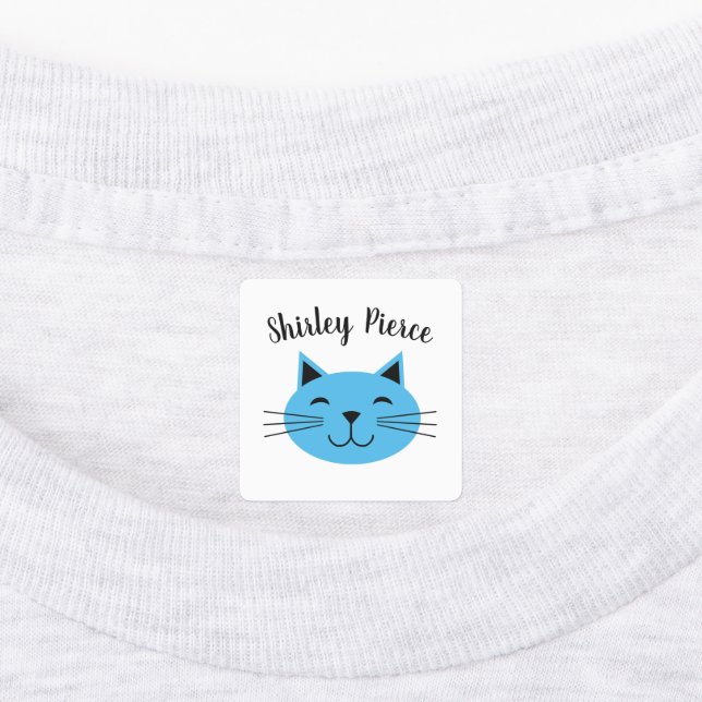 Blue Kitty With Custom Name Iron On Clothing  Labels (Affixed)
