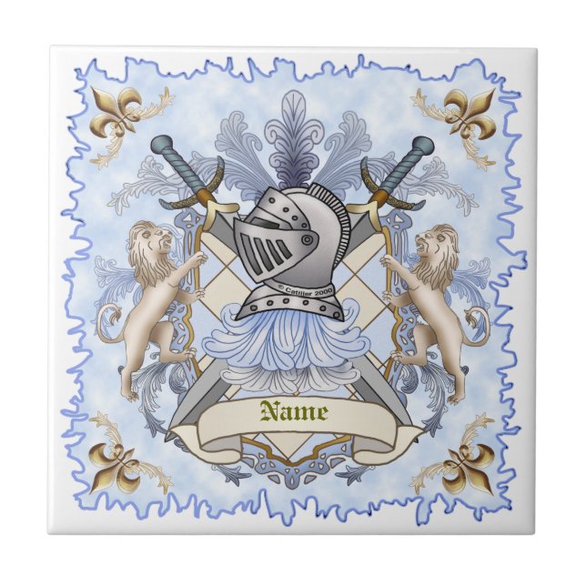 Blue Knight Family Crest Surname  Ceramic Tile (Front)