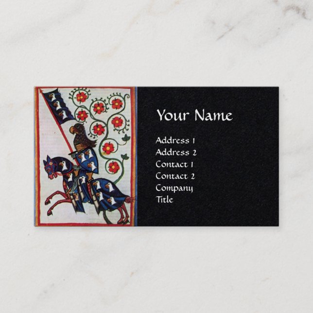 BLUE KNIGHT HORSEBACK Medieval Monogram Black Business Card (Front)