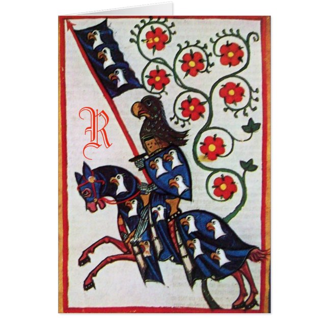 BLUE KNIGHT HORSEBACK MEDIEVAL PARCHMENT MONOGRAM CARDS (Front)