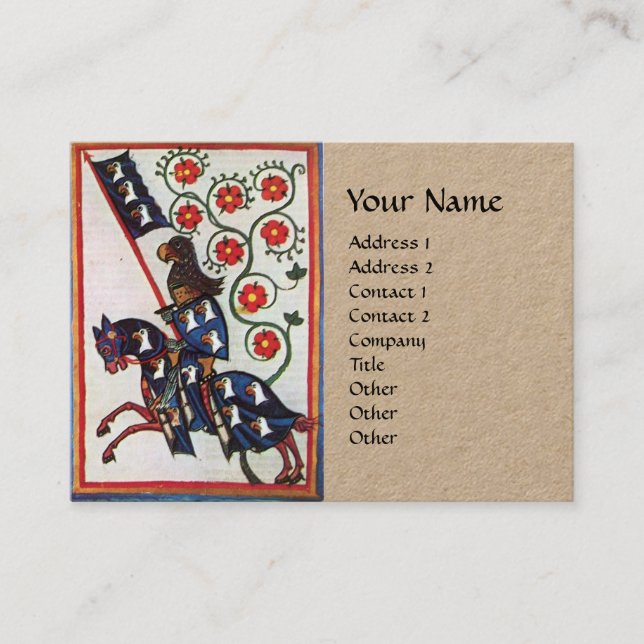 BLUE KNIGHT HORSEBACK Medieval Red Roses Kraft Business Card (Front)