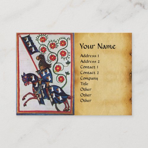 BLUE KNIGHT HORSEBACK Red Roses Medieval Parchment Business Card