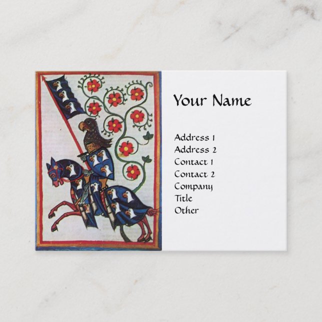 BLUE KNIGHT HORSEBACK Red Roses Medieval White Business Card (Front)