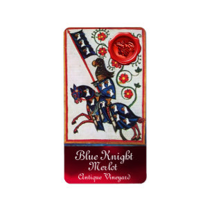 BLUE KNIGHT HORSEBACK WINE LABEL ,RED WAX SEAL