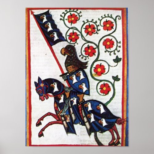 BLUE KNIGHT ON HORSEBACK Medieval Miniature Poster