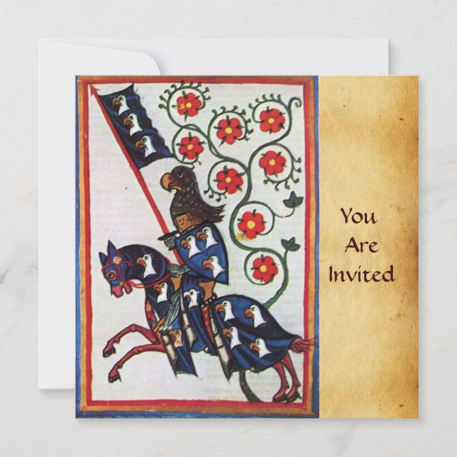 BLUE KNIGHT ON HORSEBACK MEDIEVAL PARCHMENT INVITATION (Front)