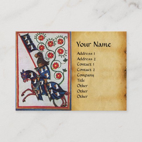 BLUE KNIGHT ON HORSEBACK Red Roses Parchment Pearl Business Card