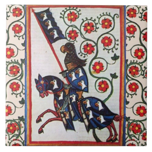 BLUE KNIGHT WITH RED ROSES MEDIEVAL MINIATURE CERAMIC TILE