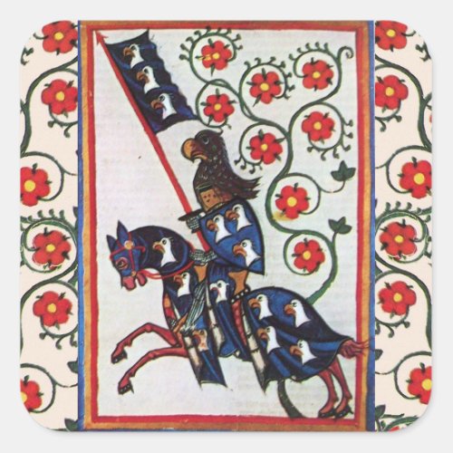 BLUE KNIGHT WITH RED ROSES MEDIEVAL MINIATURE SQUARE STICKER
