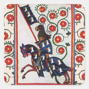 BLUE KNIGHT WITH RED ROSES MEDIEVAL MINIATURE SQUARE STICKER