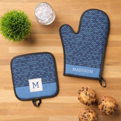 Blue Knit Pattern Oven Mitt  Pot Holder Set